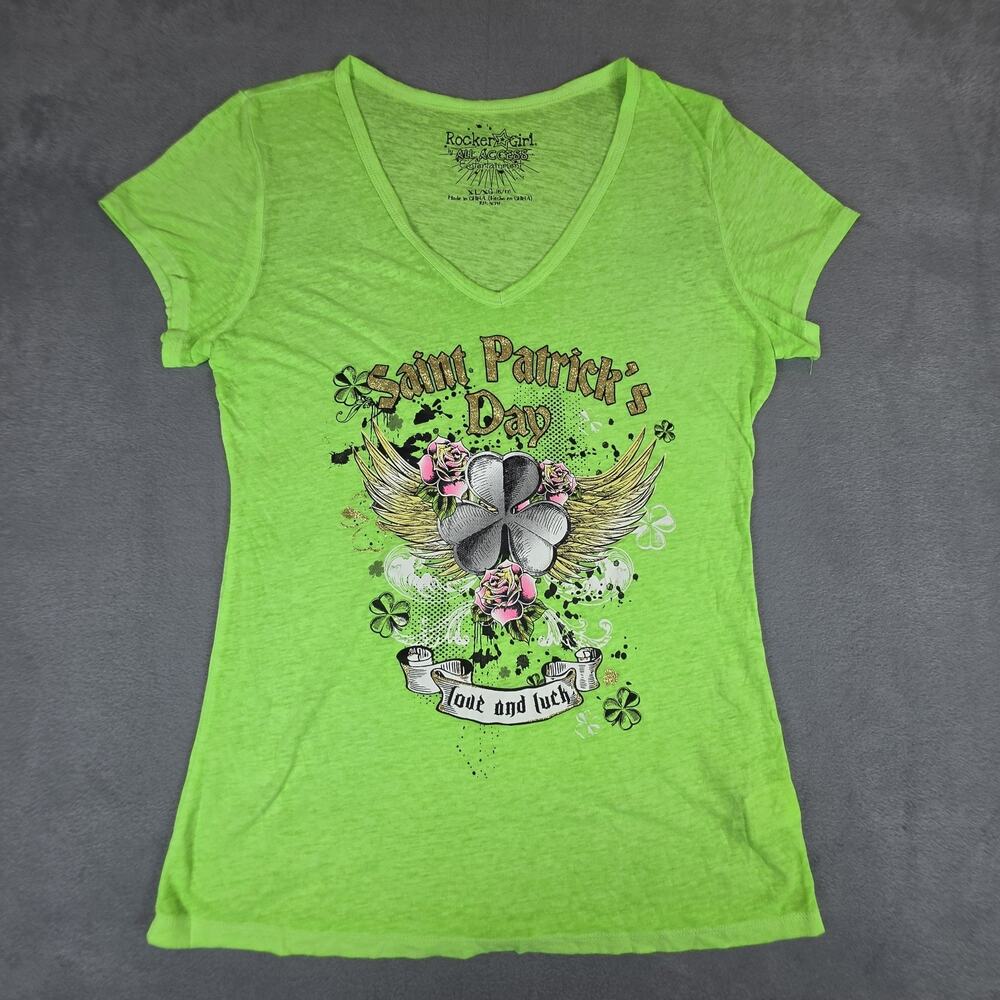 Rocker Girl St Patrick’s Day Shirt Womens XL Green Shamrock Graphic V Neck